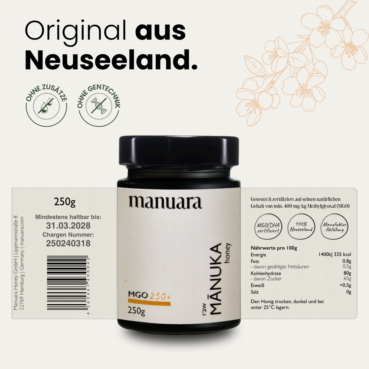 Premium Manuka-Honig MGO 250+ im lichtundurchlässigen Glas